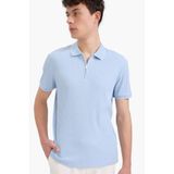 DeFacto Slim Fit Dar Kesim Polo Yaka Kısa Kollu Fitilli Kaşkorse Yarım Fermuarlı Tişört, XL, TYCE8778878DA4A05F8B85710, Açık Mavi, Erkek