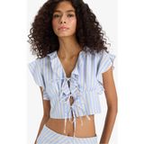 DeFacto Slim Fit Dar Kesim V Yaka Çizgili Önden Bağlamalı Poplin Kolsuz Bluz F6058AX25SM - Mavi-BE40 - XL