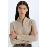 DeFacto Slim Fit Dar Kesim Yarım Fermuarlı Simli Kumaş Uzun Kollu Tişört D5538AX24AUBG130 Bej