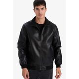 DeFacto Slim Fit Dik Yaka Astarlı Fermuarlı Suni Deri Mont, M, Slim Fit Dik Yaka Astarlı Fermuarlı Suni Deri Mont, Siyah-BK27, Erkek