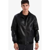 DeFacto Slim Fit Dik Yaka Astarlı Fermuarlı Suni Deri Mont, S, Slim Fit Dik Yaka Astarlı Fermuarlı Suni Deri Mont, Siyah-BK27, Erkek