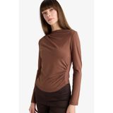 DeFacto Slim Fit Kayık Yaka Uzun Kollu Bluz, XL, D5300AX25AU, Kahve-BN318, Kadın