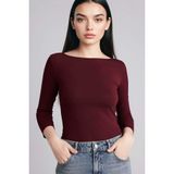DeFacto Slim Fit Kayık Yaka Uzun Kollu Bordo Tişört, M, G9577AX26SP, Bordo-BR171, Kadın