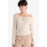 DeFacto Slim Fit Omzu Açık Uzun Kollu Tişört, L, G1735AX25WN, Bej-BG350, Kadın