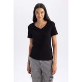 DeFacto Slim Fit Ribana Kısa Kollu Tişört, XS, B0647AX23SM, Siyah-BK81, Kadın