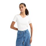 DeFacto Slim Fit V Yaka Basic Ribana Kısa Kollu Tişört, M, I1080AZ25AU, Ekru-ER105, Kadın