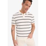 DeFacto Standart Fit Polo Yaka Çizgili Kısa Kollu Triko Tişört, XL, E2701AXER100mbk, Ekru, Erkek