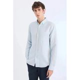 Defacto T2066 Mavi Slim Fit Dar Kesim Polo Yaka Dokulu Uzun Kollu Gömlek