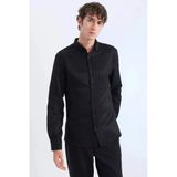 Defacto T2066 Siyah Slim Fit Dar Kesim Polo Yaka Dokulu Uzun Kollu Gömlek