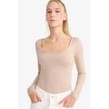 DeFacto U Yaka Uzun Kollu Çıtçıtlı Body, M, F8042AX25AU, Bej-BG208, Kadın