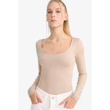 DeFacto U Yaka Uzun Kollu Çıtçıtlı Body, S, F8042AX25AU, Bej-BG208, Kadın