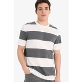 DeFacto U1778AZ23SM Lacivert-NV31 Regular Fit Bisiklet Yaka Çizgili Kısa Kollu %100 Pamuk Kadın T-shirt