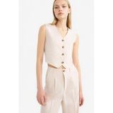 Defacto V Yaka Keten Karışımlı Beyaz Blazer Yelek, 38, V Yaka Keten Karışımlı Blazer Yelek, Bej, Kadın