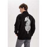 DeFacto Vikings Boxy Fit Dik Yaka Baskılı Sweatshirt, M, D6769AX25SP, Siyah-BK81, erkek