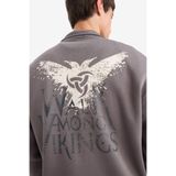 DeFacto Vikings Valhalla Boxy Fit Dik Yaka Yarım Fermuarlı Sırt Baskılı Sweatshirt, S, E9324AX25AU, Gri-GR206, erkek