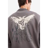 DeFacto Vikings Valhalla Boxy Fit Dik Yaka Yarım Fermuarlı Sırt Baskılı Sweatshirt, XL, E9324AX25AU, Gri-GR206, erkek