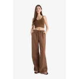 DeFacto Wide Leg Çift Cepli Beli Lastikli Standart Boy Keten Karışımlı Pantolon, 38, E1981AX25SM, Kahve, Kadın