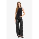 DeFacto Wide Leg Fermuarlı Normal Bel Suni Deri Pantolon, 38, G1048AX25AU, Siyah-BK81, Kadın