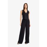 DeFacto Wide Leg Keten Karışımlı Pantolon Normal Bel Geniş Paça Cepli Fermuarlı Standart Boy, 34, E6210AX25SP, Siyah, Kadın