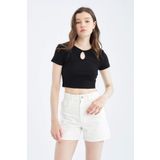 DeFacto Y1221AZ22SM Kadın Coool Bisiklet Yaka Önü Dekolteli Basic Kısa Kollu Crop Top