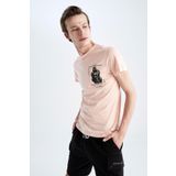 DeFacto Y3611AZ22HS Pembe-PN170 Slim Fit Bisiklet Yaka Baskılı Erkek Tişört
