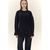 DeFacto Yün Karışımlı Loose Fit Bisiklet Yaka Triko Kazak Tunik, L, F4547AX25WN, Lacivert-NV105, Kadın