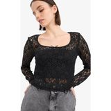 DeFacto Yuvarlak Yaka Fitted Dantel Uzun Kollu Bluz E7614AX25SP - Siyah-BK81