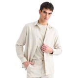 DeFacto%100 Keten Regular Fit Polo Yaka Yazlık Uzun Kollu Gömlek, XS, D9925AX25SP, Gri-GR350, Erkek