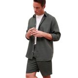 DeFacto%100 Keten Regular Fit Polo Yaka Yazlık Uzun Kollu Gömlek, XS, D9925AX25SP, Haki-KH498, Erkek