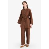 DeFacto%100 Keten Straight Fit Beli Lastikli Cepli Pantolon, 36, D4388AX25SM, Kahve, Kadın