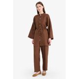 DeFacto%100 Keten Straight Fit Beli Lastikli Cepli Pantolon, 40, D4388AX25SM, Kahve, Kadın