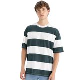 DeFacto%100 Pamuk Boxy Fit Bisiklet Yaka Çizgili Kısa Kollu Tişört, XS, 3166737, Yeşil, Erkek
