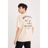 DeFacto%100 Pamuk Boxy Fit Bisiklet Yaka Sırt Baskılı Kısa Kollu Tişört, M, D5588AX25SP, Bej, Erkek