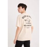 DeFacto%100 Pamuk Boxy Fit Bisiklet Yaka Sırt Baskılı Kısa Kollu Tişört, XXL, D5588AX25SP, Bej, Erkek