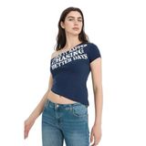 DeFacto%100 Pamuk Fitted Kayık Yaka Slogan Baskılı Ribana Tişört, XS, G8036AX26SP, Lacivert-NV256, Kadın