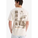 DeFacto%100 Pamuk Initial D Boxy Fit Bisiklet Yaka Sırt Baskılı Kısa Kollu Tişört, XS, F2877AX25SM, Ekru-ER78, Erkek