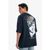 DeFacto%100 Pamuk Loose Fit Bisiklet Yaka Sırt Baskılı Kısa Kollu Tişört, S, B4320AX25SM, Lacivert, Erkek