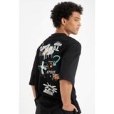 DeFacto%100 Pamuk Loose Fit Bisiklet Yaka Sırt Baskılı Kısa Kollu Tişört, S, B8949AX24AU, Siyah, Erkek