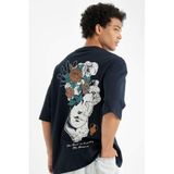 DeFacto%100 Pamuk Loose Fit Bisiklet Yaka Sırt Baskılı Kısa Kollu Tişört, XS, B4320AX24AU, Lacivert, Erkek