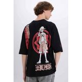 DeFacto%100 Pamuk One Piece Loose Fit Bisiklet Yaka Sırt Baskılı Kısa Kollu Tişört, S, B5528AX25SP, Siyah, Erkek