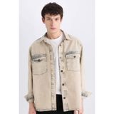 DeFacto%100 Pamuk Relax Fit Cepli Uzun Kollu Jean Gömlek, S, D0447AX24AU, Kahve-BN105, Erkek