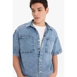 DeFacto%100 Pamuk Relax Fit Yazlık Kısa Kollu Jean Gömlek, M, D8109AX25SP, Mavi-NM28, Erkek