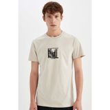 DeFacto%100 Pamuk Slim Fit Dar Kesim Bisiklet Yaka Baskılı Kısa Kollu Tişört, S, C2133AX24AU, Gri, Erkek