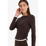DeFacto%100 Pamuk Slim Fit Ribana Tişört, S, E6548AX26SP, Kahve, Kadın