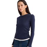 DeFacto%100 Pamuk Slim Fit Ribana Tişört, S, E6548AX26SP, Lacivert, Kadın