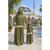 Defka Anne Kız Pratik Şık Namaz Elbisesi Takımı Likralı Pamuklu Kumaş - Haki