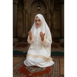 Defka Iki Parça Etekli Dantelli Kadın Namaz Elbisesi Düz Renk - Beyaz