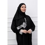 Defka Kendinden Başörtülü Dantelli Kadın Tesettür Namaz Elbisesi Pamuk - Polyester Düz Desenli Uzun Kol - Siyah - L - XL