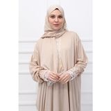 Defka Kendinden Başörtülü Dantelli Kadın Tesettür Namaz Elbisesi Pamuk - Polyester Uzun Kol Düz Desen - Krem - L - XL