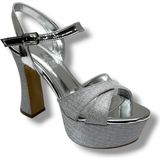 Defne 788-26 Simli Saten Çapraz Bant 30MM Platform Topuk Kadın SANDALET(12CM) - Gümüş